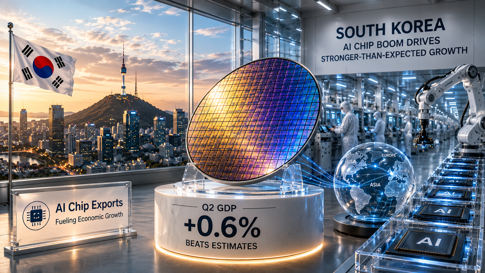South Korean economy growing strongly due to AI chip manufacturing and semiconductor exports.