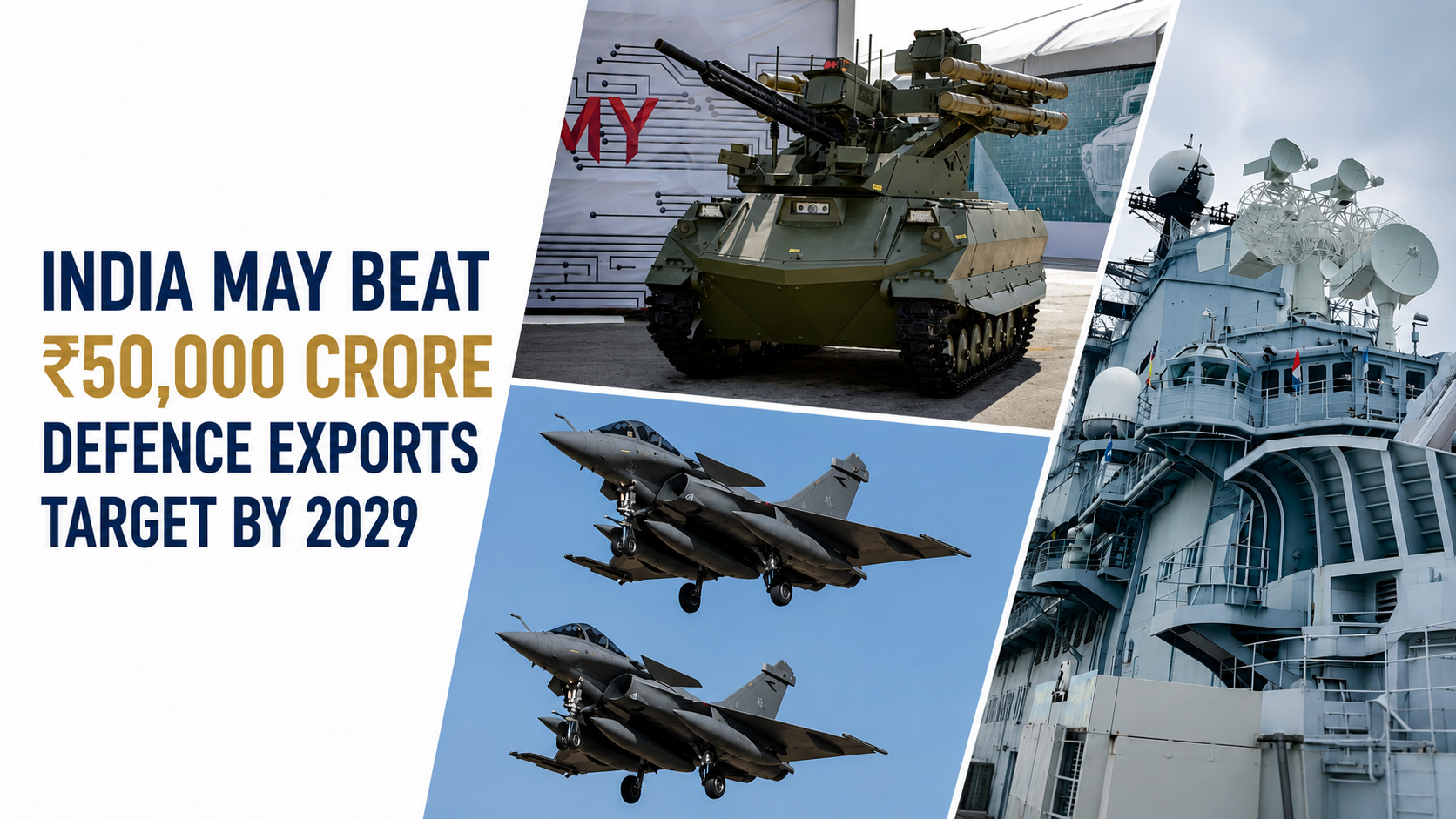 Indian flag with fighter jets, symbolizing India's growing defence export capabilities and a target of ₹50,000 crore.