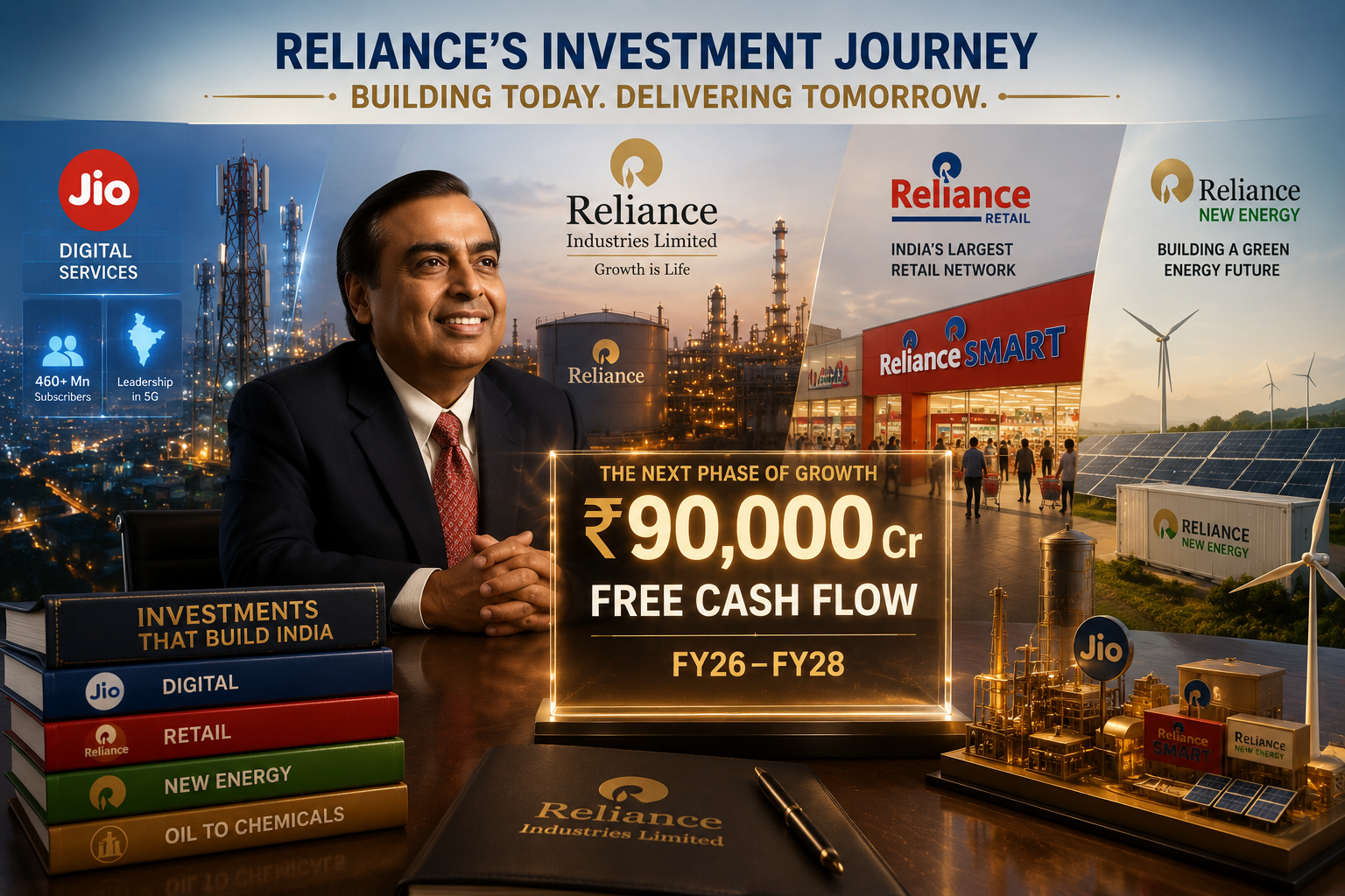 Reliance Industries building, symbolizing financial growth and investment