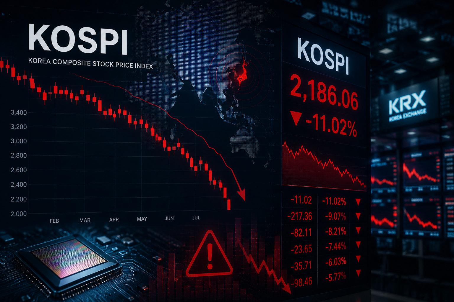 South Korea's Kospi index logo with a downward trending graph, symbolizing stock market decline.