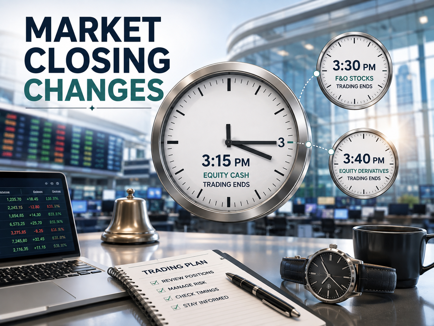 Indian stock market closing bell with traders looking at screens, signifying new NSE and BSE market timings