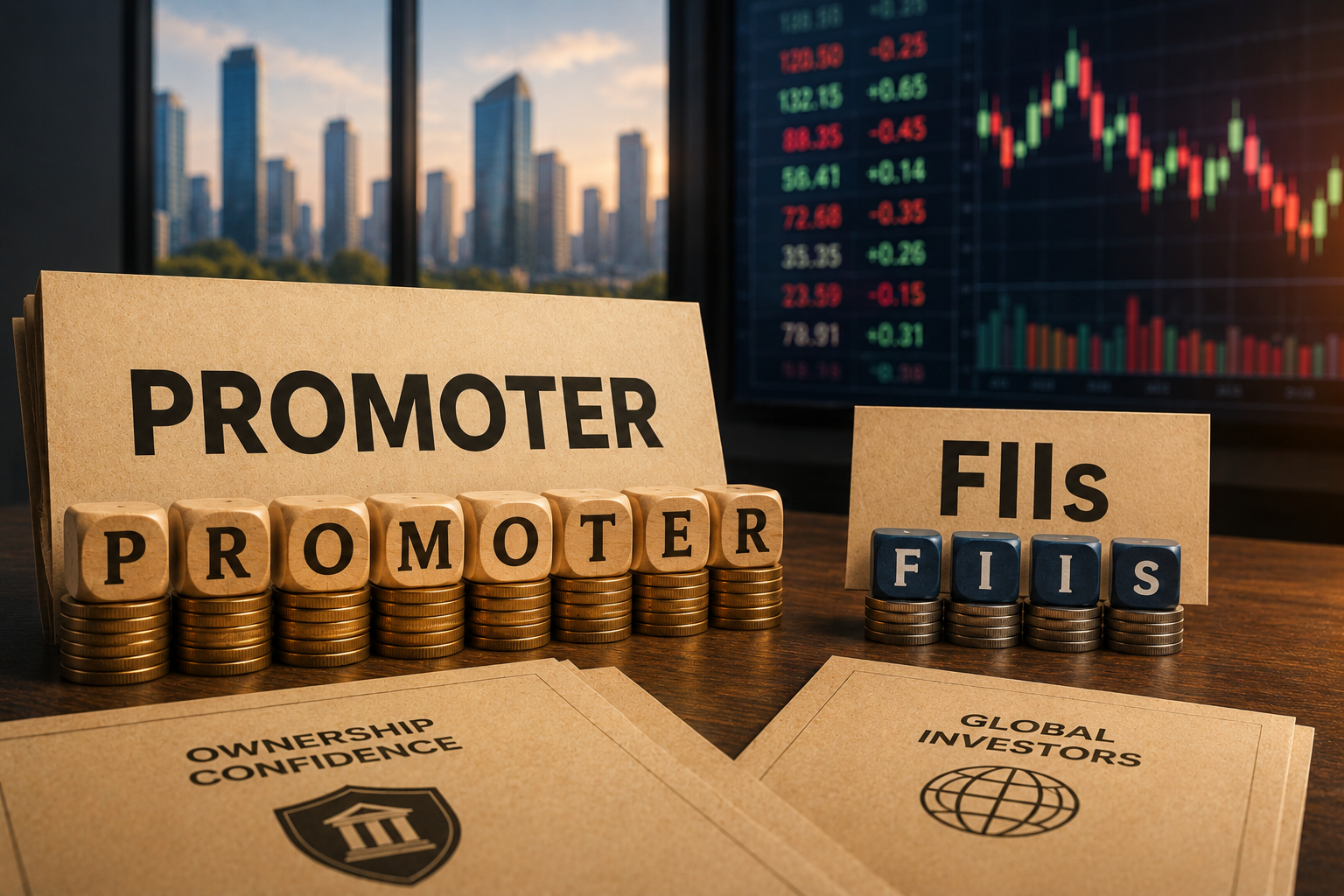 Promoter holding chart shows increase to two-year high, contrasting with FII selling in Indian stock market.