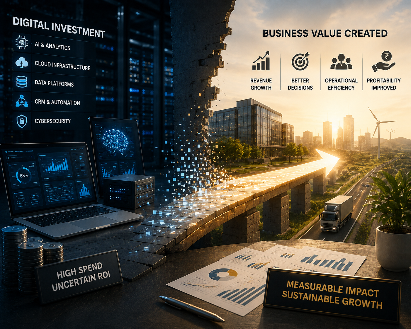 Digital transformation concept, showing digital investments and business growth analysis on a graph.