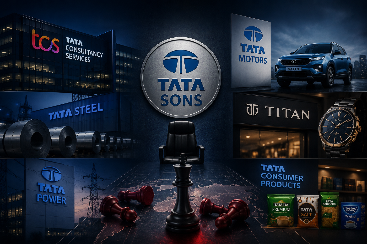 Tata Group logo with stock market graph showing a downward trend.