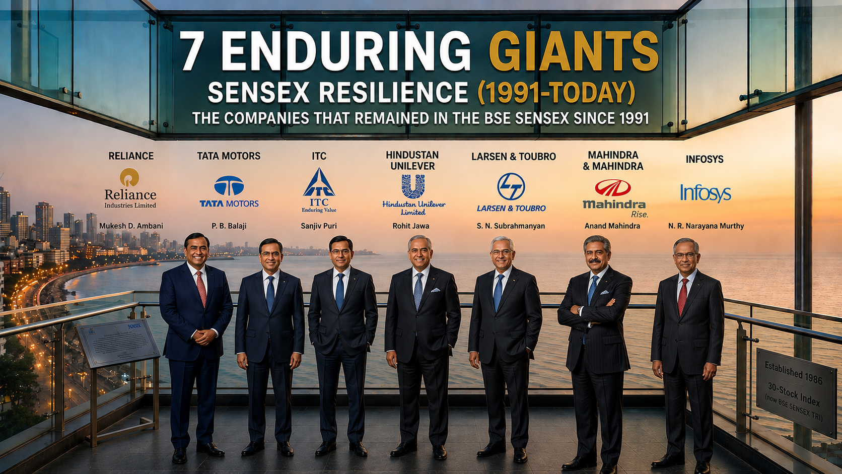 Graphic showing the original Sensex companies and identifying the 7 survivors after 40 years of market change in India.