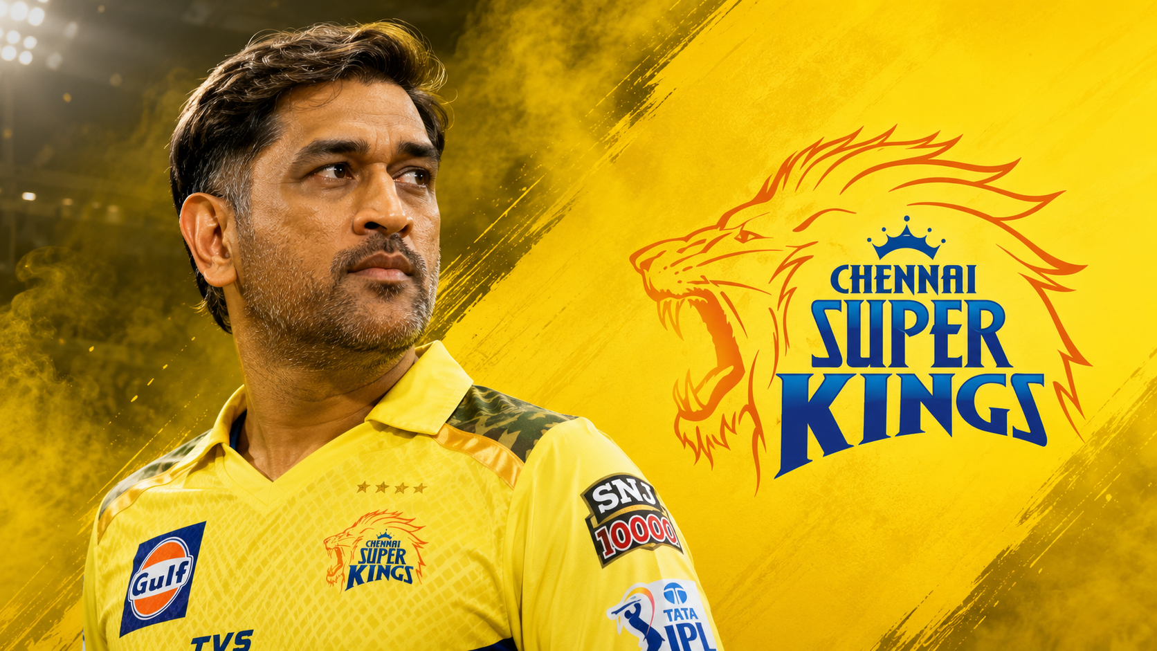 MS Dhoni in CSK jersey, close up shot, focus on his face and leadership aura