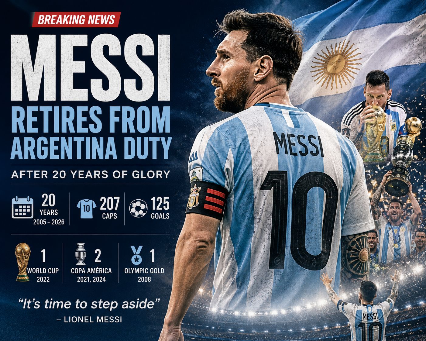 Lionel Messi, football legend, bidding farewell to Argentina national team after two decades of remarkable service and achiev