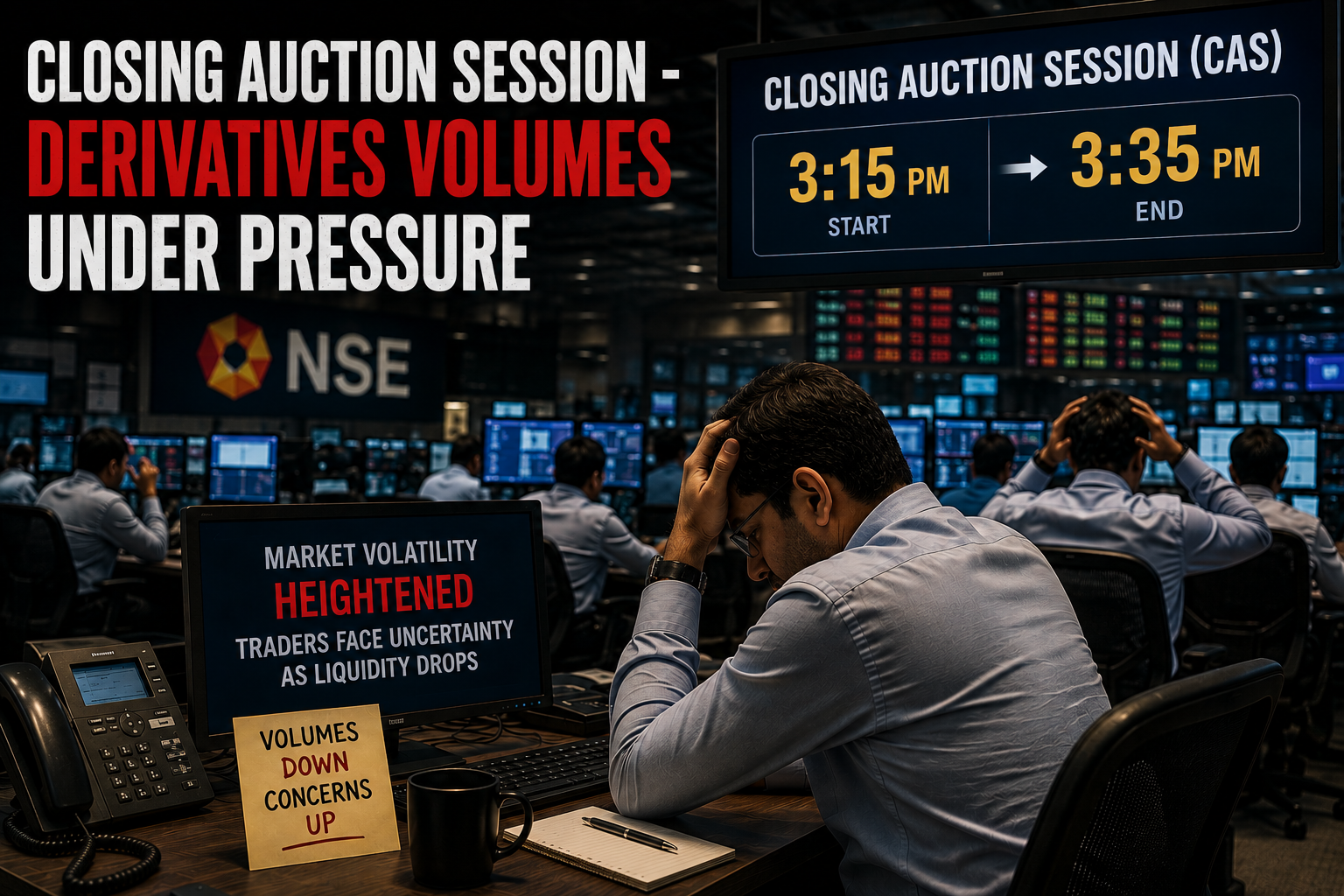 NSE and BSE stock market trading graphs showing declining derivatives volume during the Closing Auction Session.
