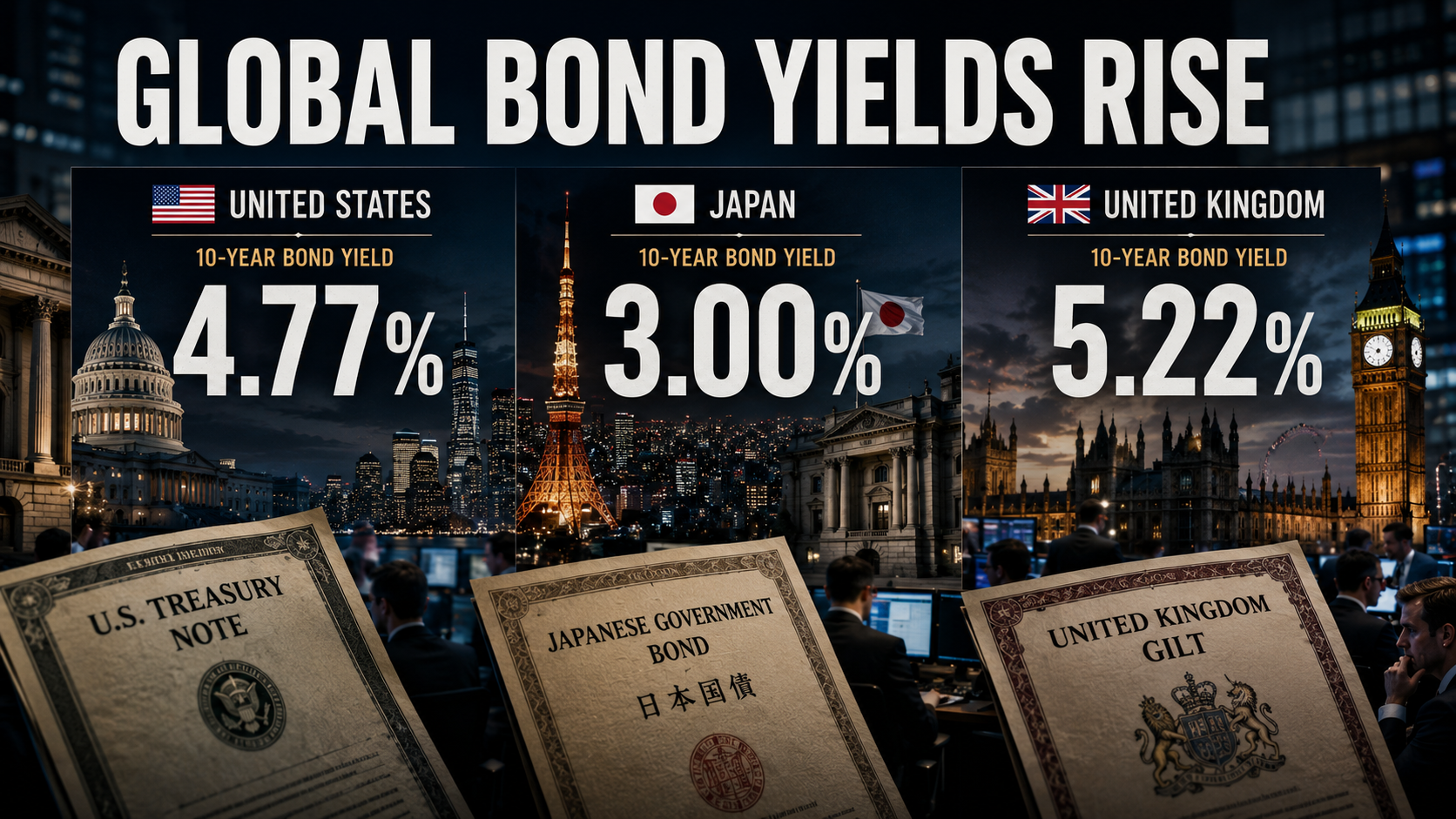 Global map showing rising bond yields with icons for oil and inflation, signifying market impact.
