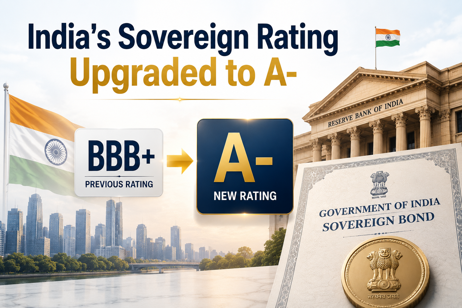 India sovereign rating upgraded to A- by JCR, signifying strong economic growth and financial stability.