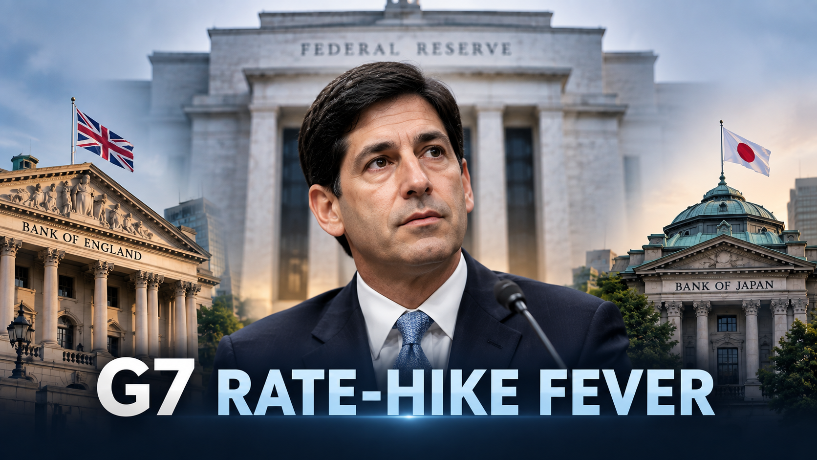G7 central bank logos with an upward trending inflation graph symbolizing rate hike pressure.
