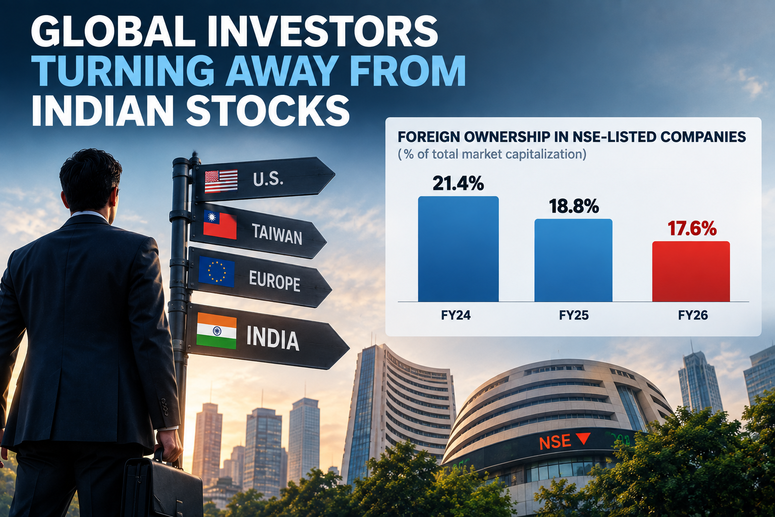 Chart showing foreign investors pulling money from Indian stocks due to AI boom and changing market valuations.