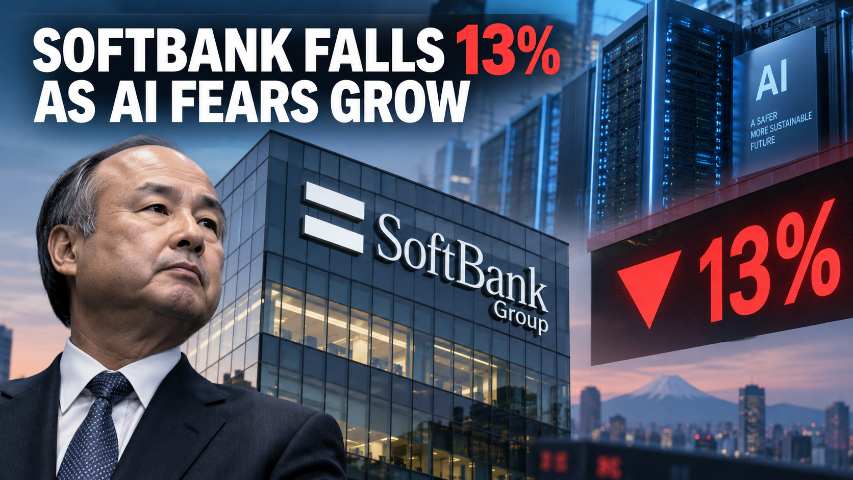 Graph showing SoftBank share price decline, with text overlay about AI development slowdown concerns.