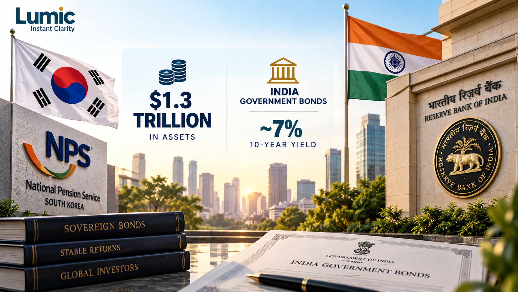 South Korean National Pension Service logo with Indian Rupee symbol indicating investment in Indian government bonds