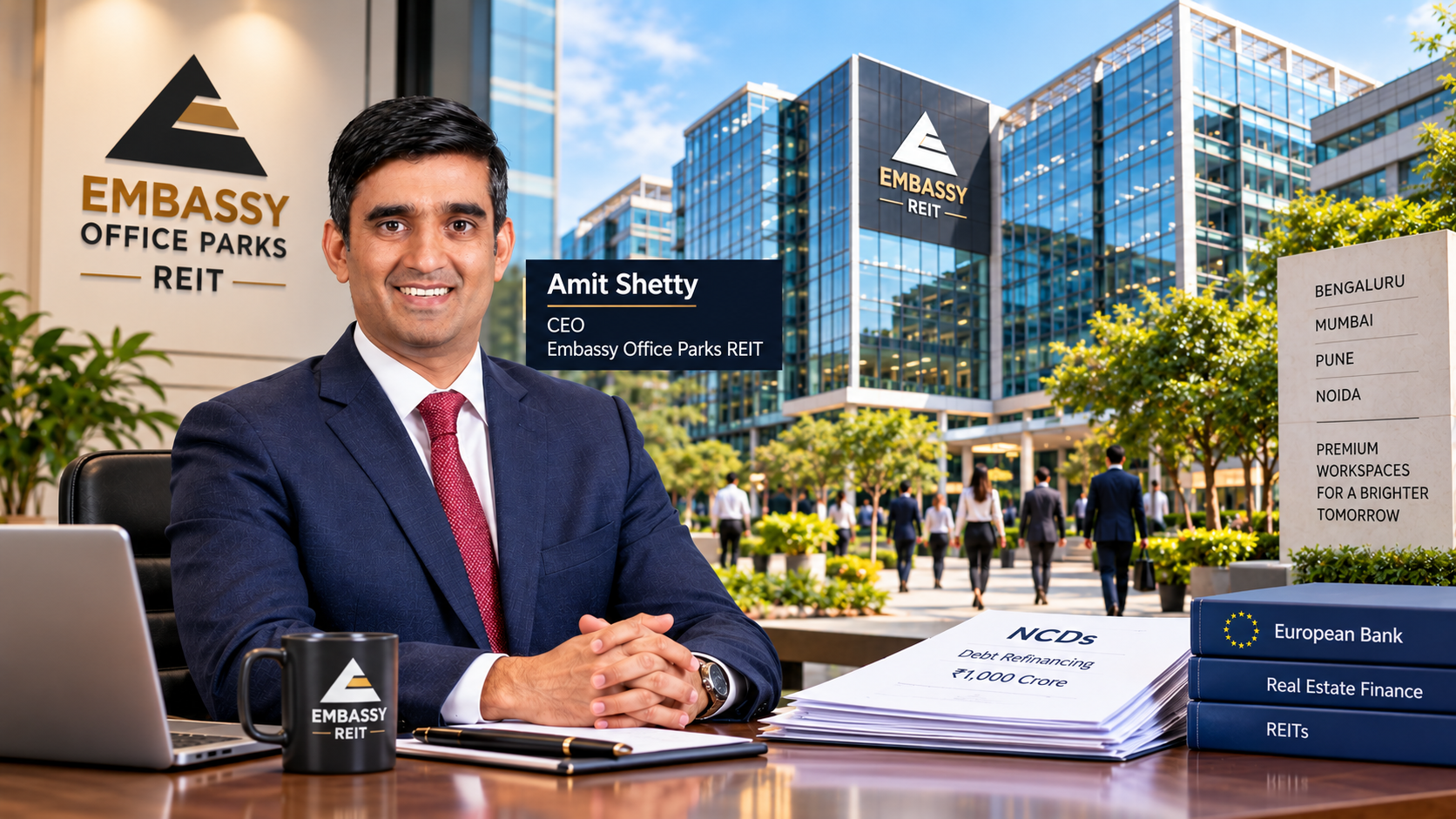 Embassy REIT logo and building imagery, symbolizing financial growth and real estate investment in India.