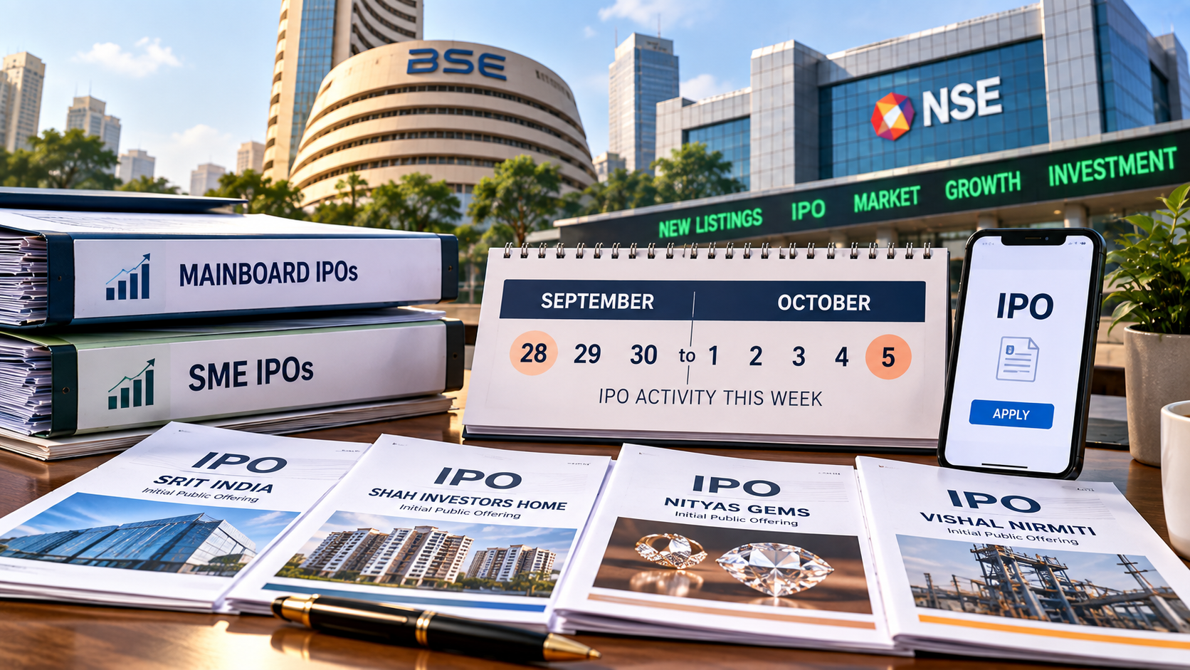 Graphic showing multiple Indian IPOs launching this week on mainboard and SME segments.