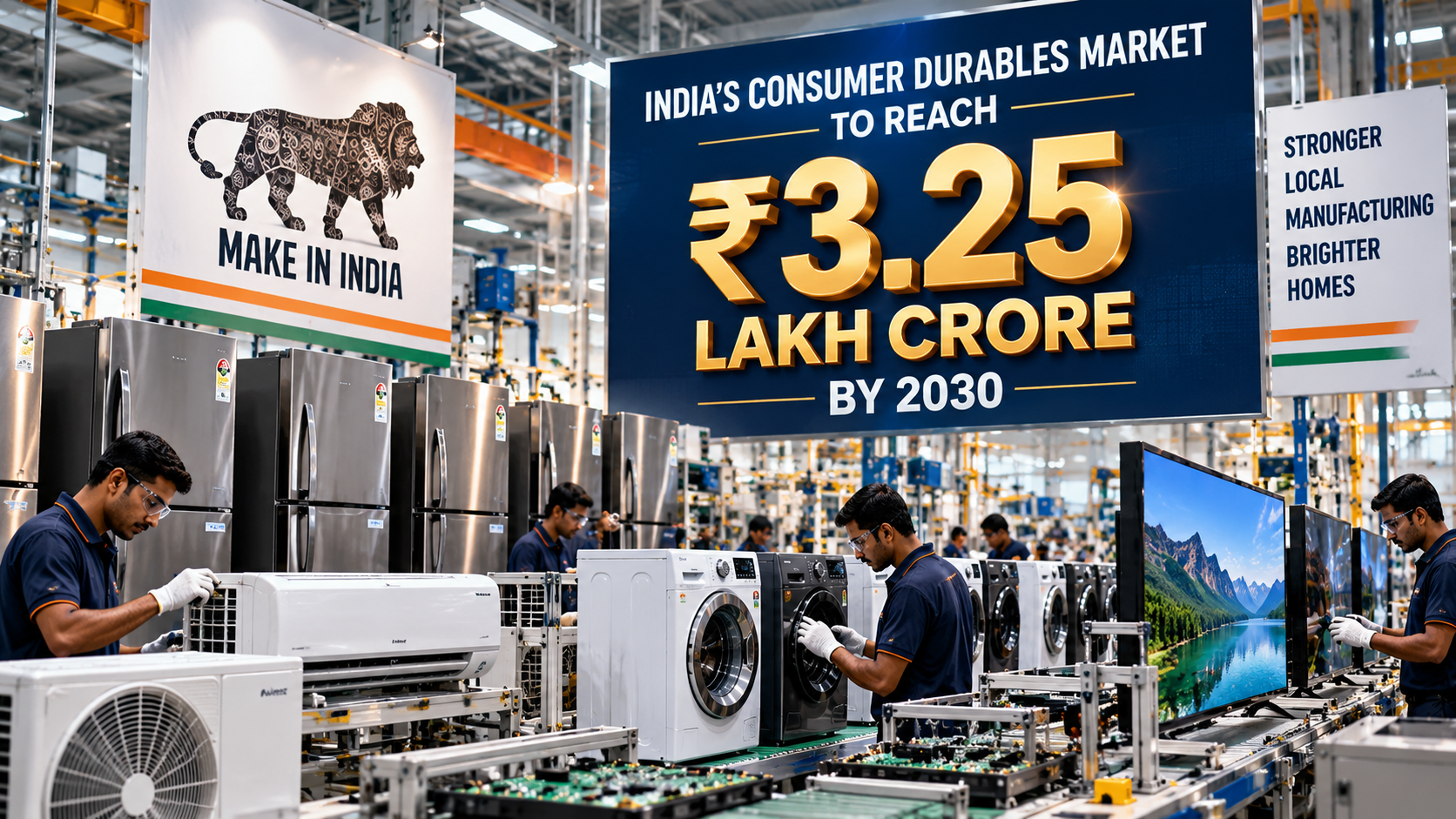 Illustration of a growing Indian consumer durables market graph with currency symbols and 2030 date.