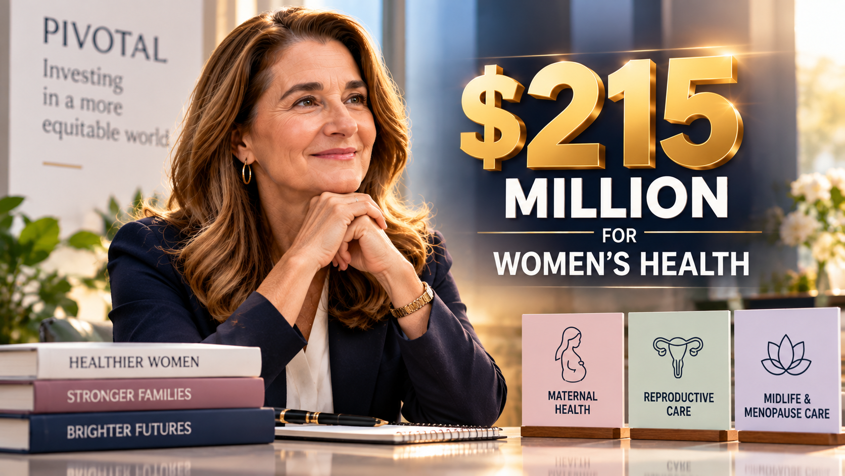 Melinda French Gates announces $215 million pledge for women's health initiatives globally.
