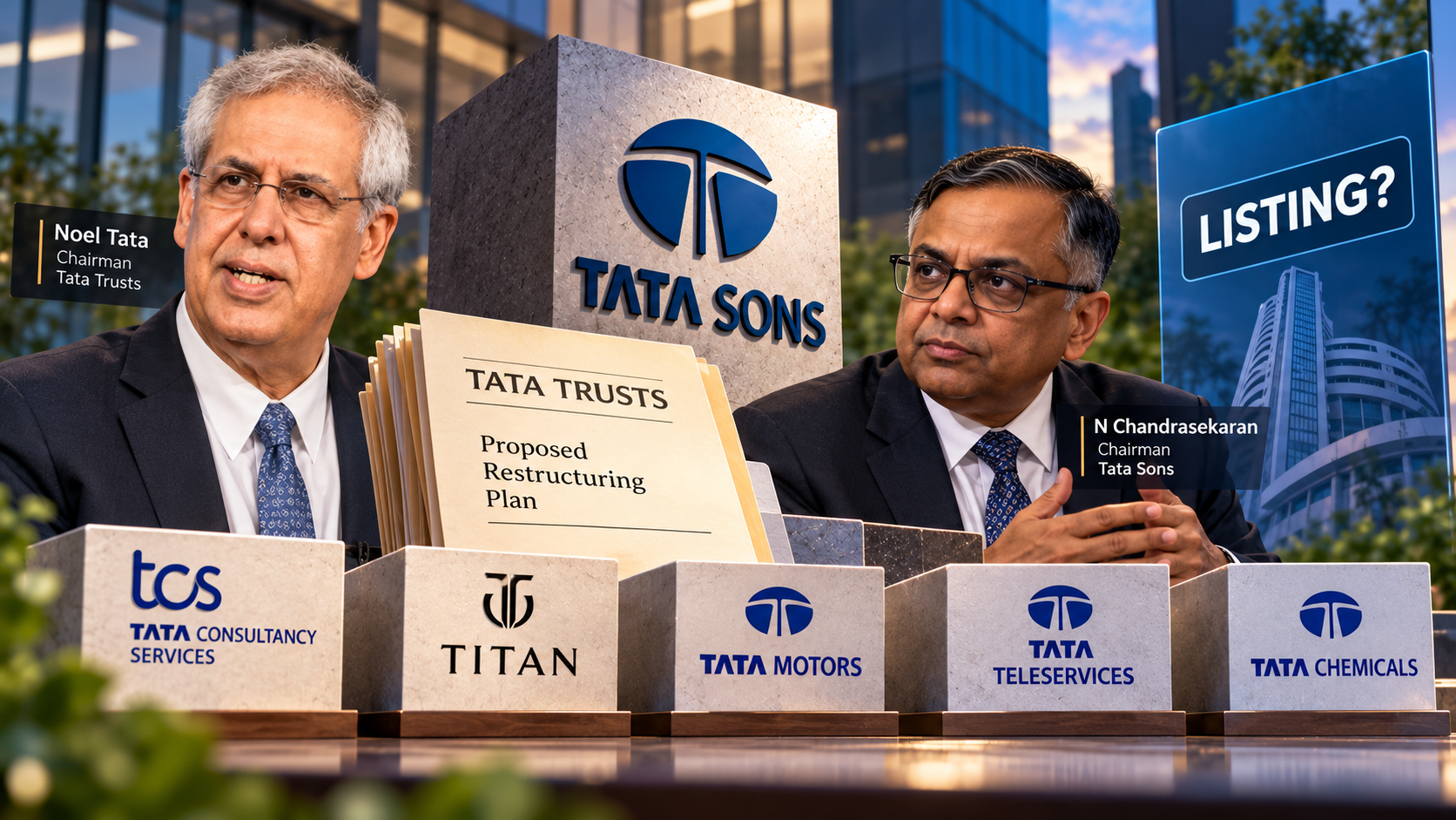 Tata Group logo with falling stock graph overlay, representing market impact and investment concerns.