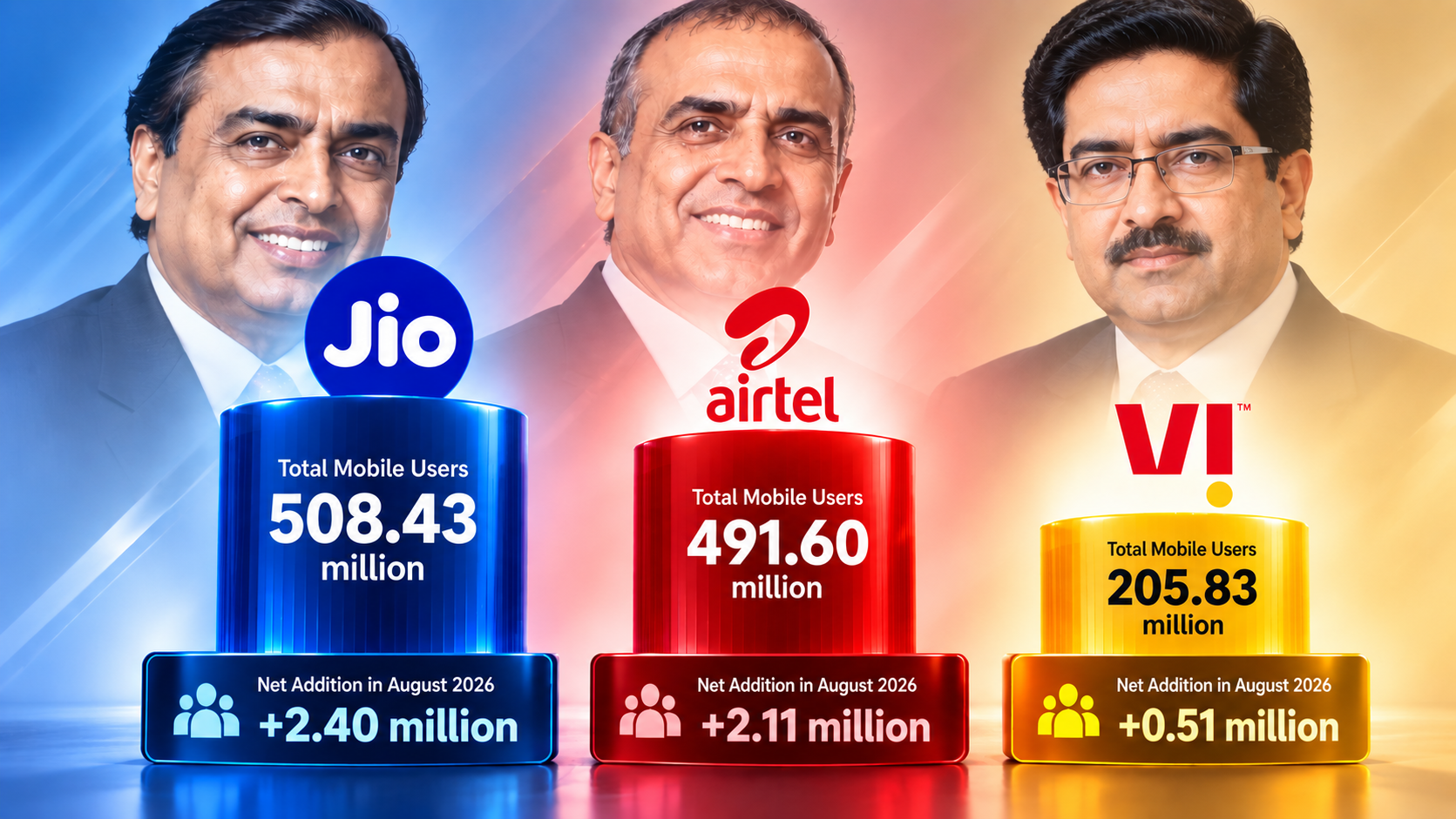 Graph showing mobile subscriber growth for Jio, Airtel, and Vodafone Idea in August