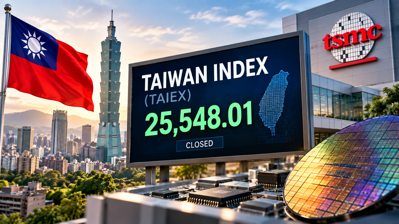 Taiwan Stock Exchange building with stock charts showing an upward trend, symbolizing economic growth driven by AI.
