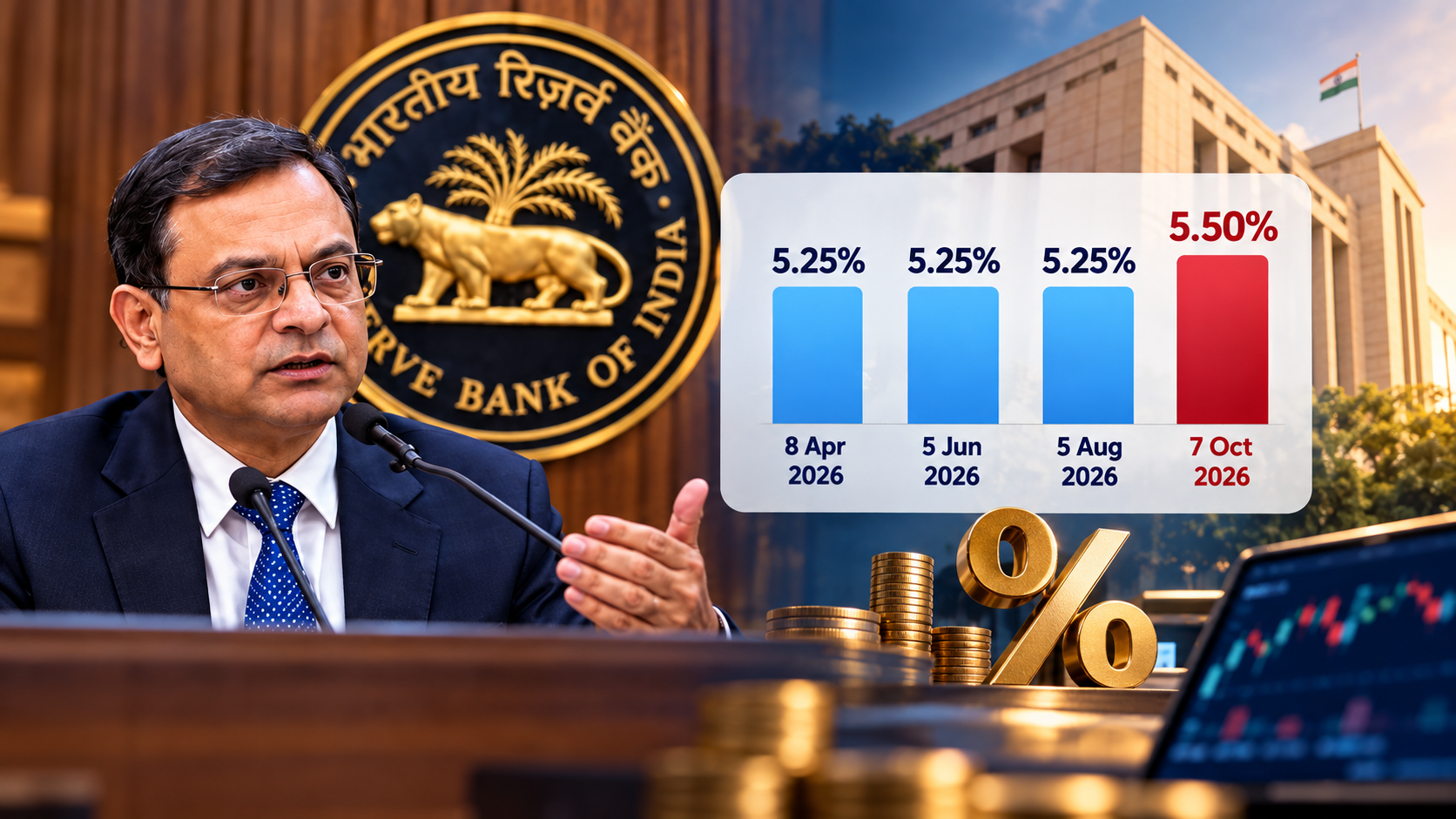 RBI Governor announcing the repo rate hike, impacting Indian financial markets and banking sector.