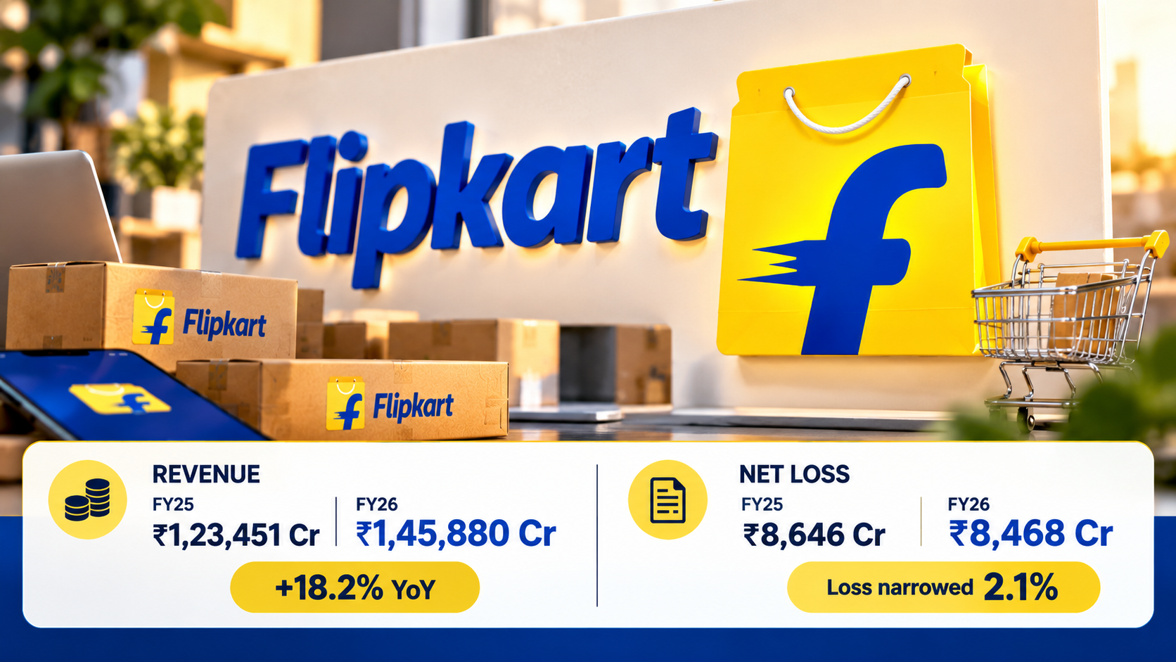 Flipkart Group reports ₹1.46 lakh crore in FY26 revenue, up 18.2%, as net losses narrow to ₹8,468 crore