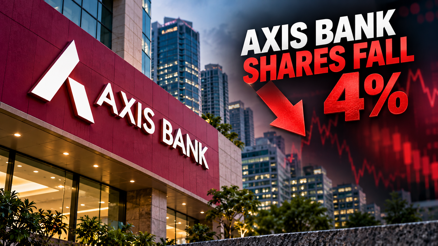 Graph showing Axis Bank stock price trending downwards, with positive profit growth indicated.