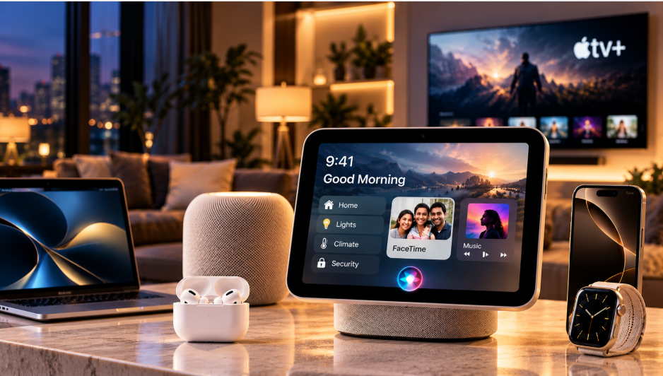 Apple HomeView smart display showing a personalized Siri AI interface on its 7-inch screen.