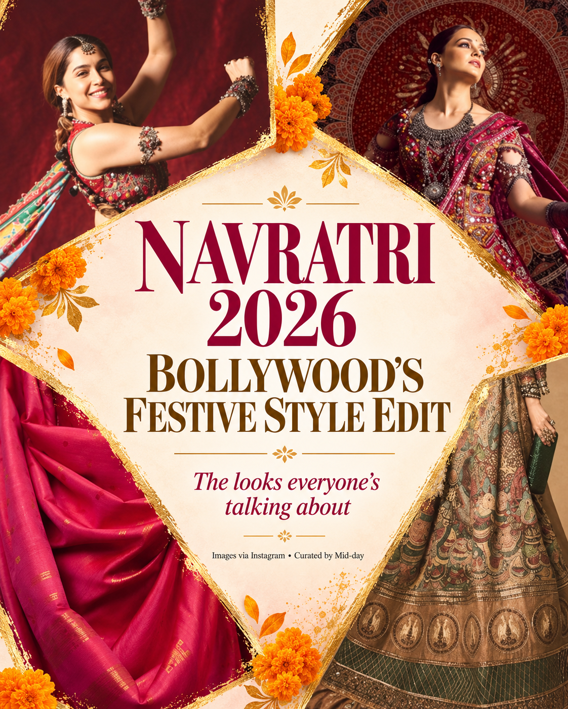 Kajol smiles in a red saree with fine gold detailing against a peach background
