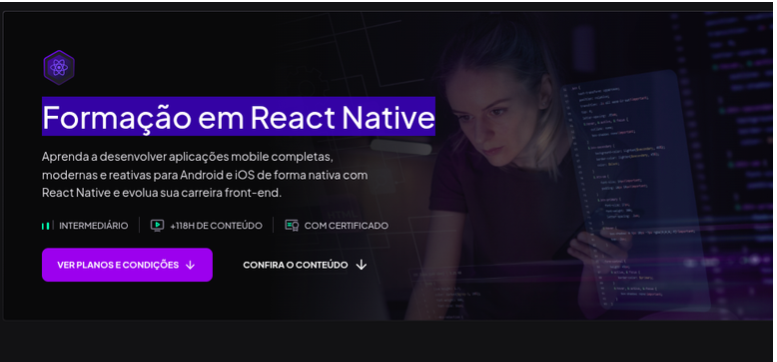 Aluno desenvolvendo aplicativo React Native em um notebook, com ícones de Android e iOS ao fundo, simbolizando desenvolvimento multiplataforma.