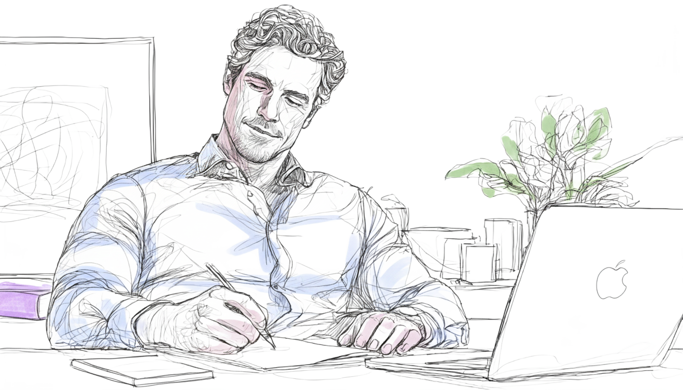 A man writing at a desk with a laptop in front of him and a plant on the side.