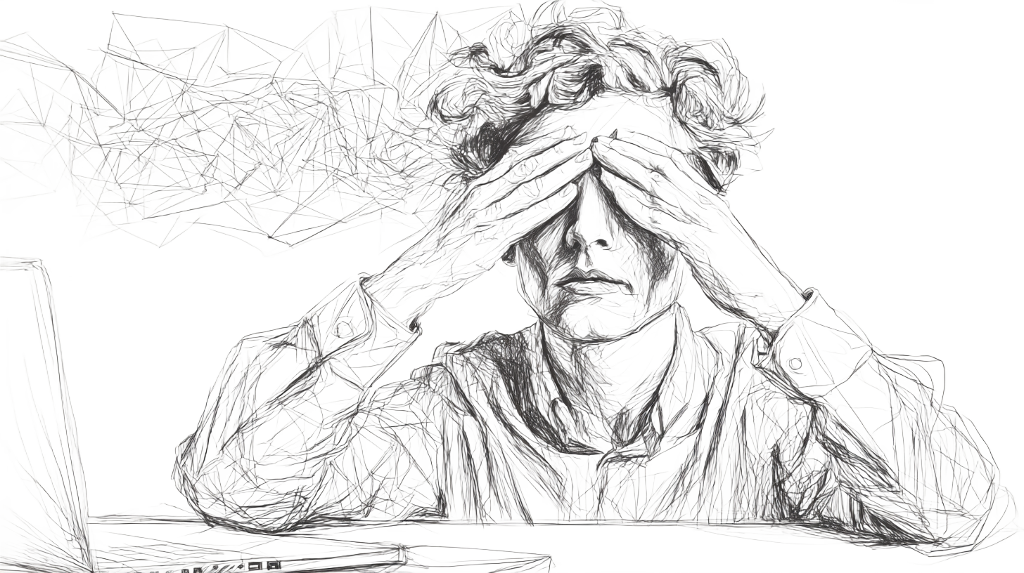 A person at their desk, with their eyes closed and hands gently cupped over them