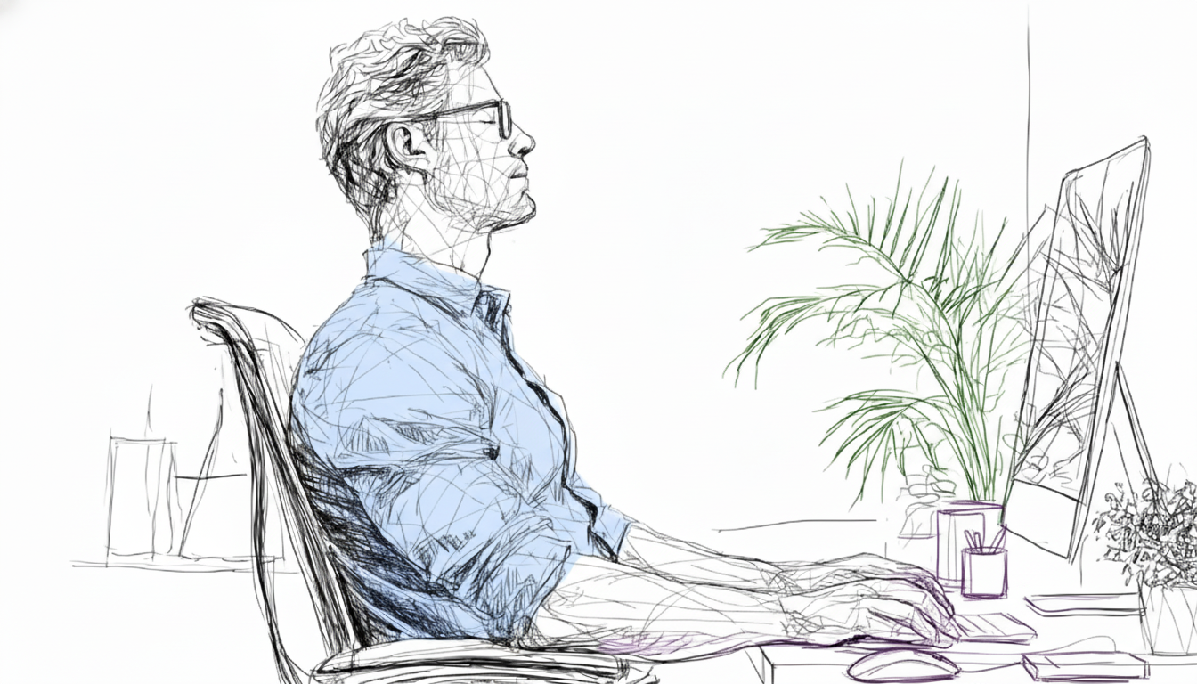A person in glasses working at a desk with a computer, surrounded by plants. The person wears a blue shirt.
