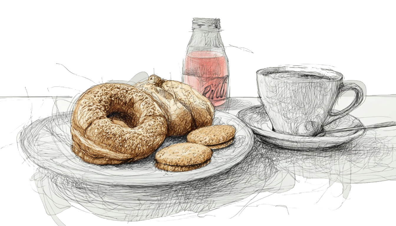 Plate with bagels, croissants, and cookies beside a cup of coffee and a pink juice bottle, creating a cozy breakfast scene.