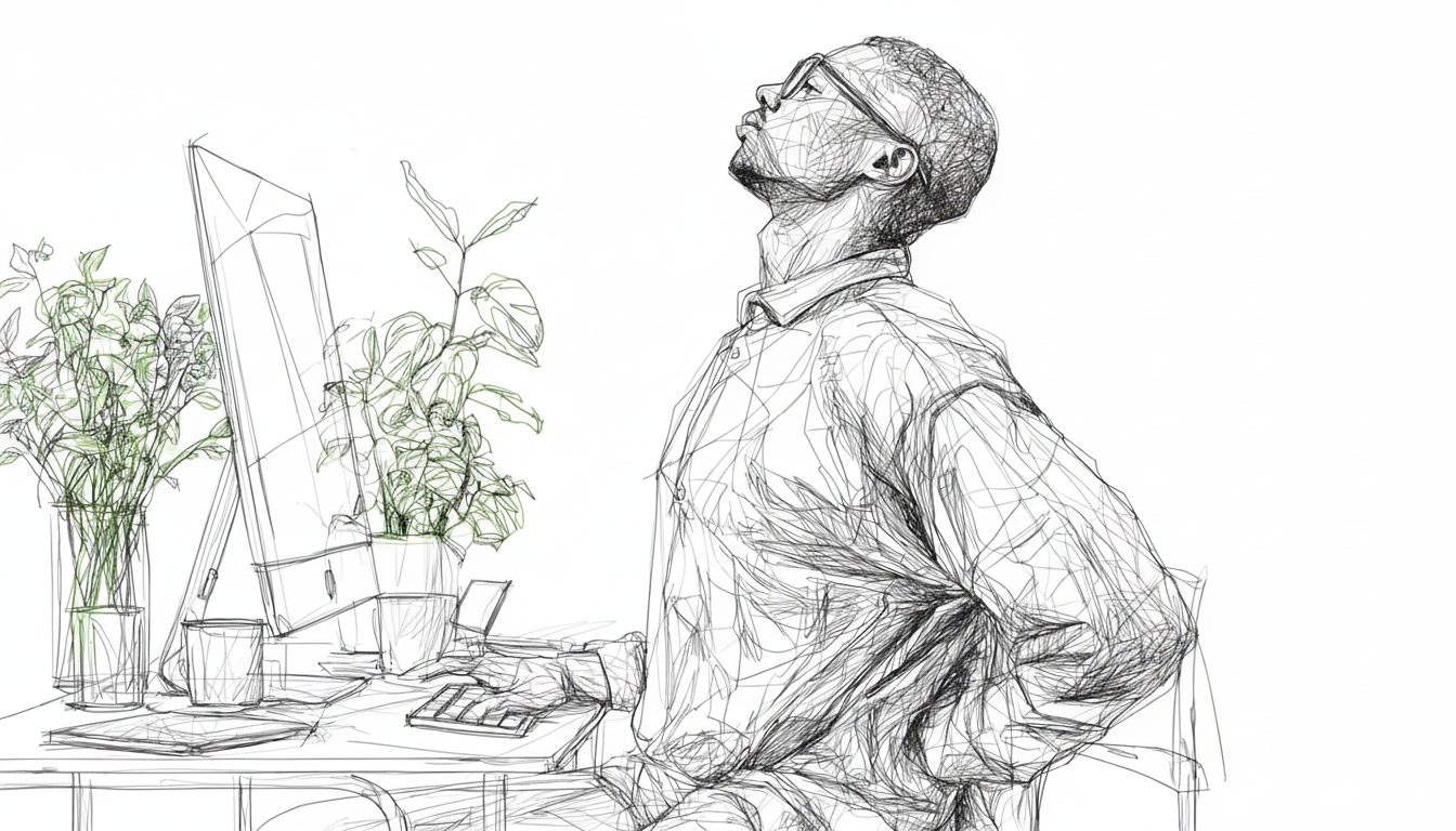 A man stretching at a desk with hand on back. Computer, keyboard, and potted plants visible.