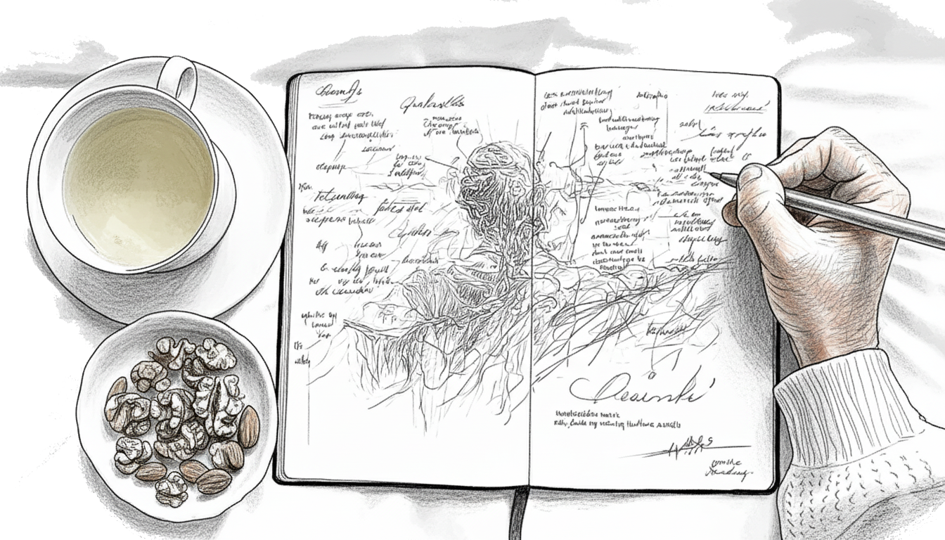 Hand writing in a sketchbook with doodles and notes. Cup of tea and a bowl of nuts nearby. Cozy, thoughtful setting.