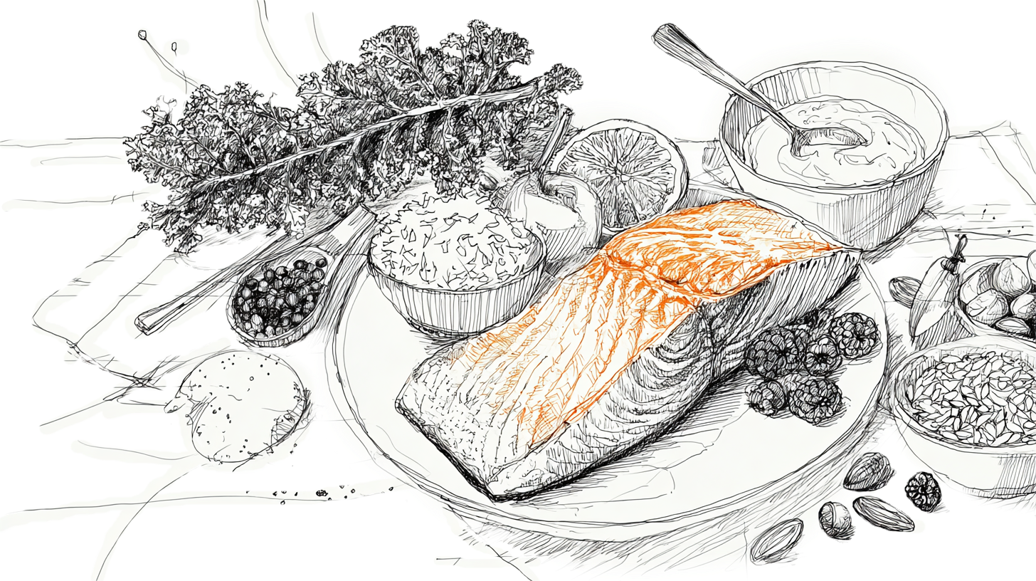 Illustrated meal with grilled salmon, kale, rice, blackberries, yogurt, and lemon on a plate. Spoon and almonds nearby. Black and white sketch.