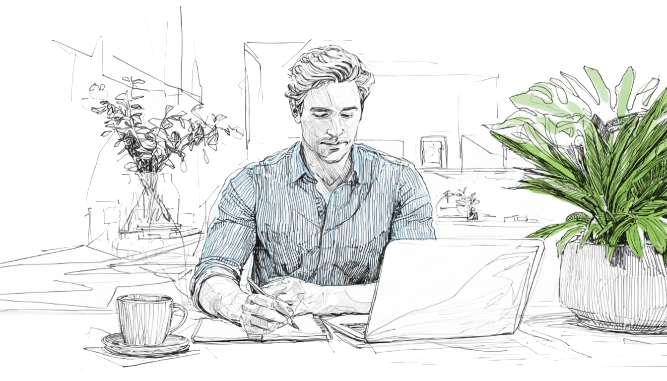 Man in a striped shirt works on a laptop in a room with plants and a cup. He's focused, surrounded by simple, linear sketch details.