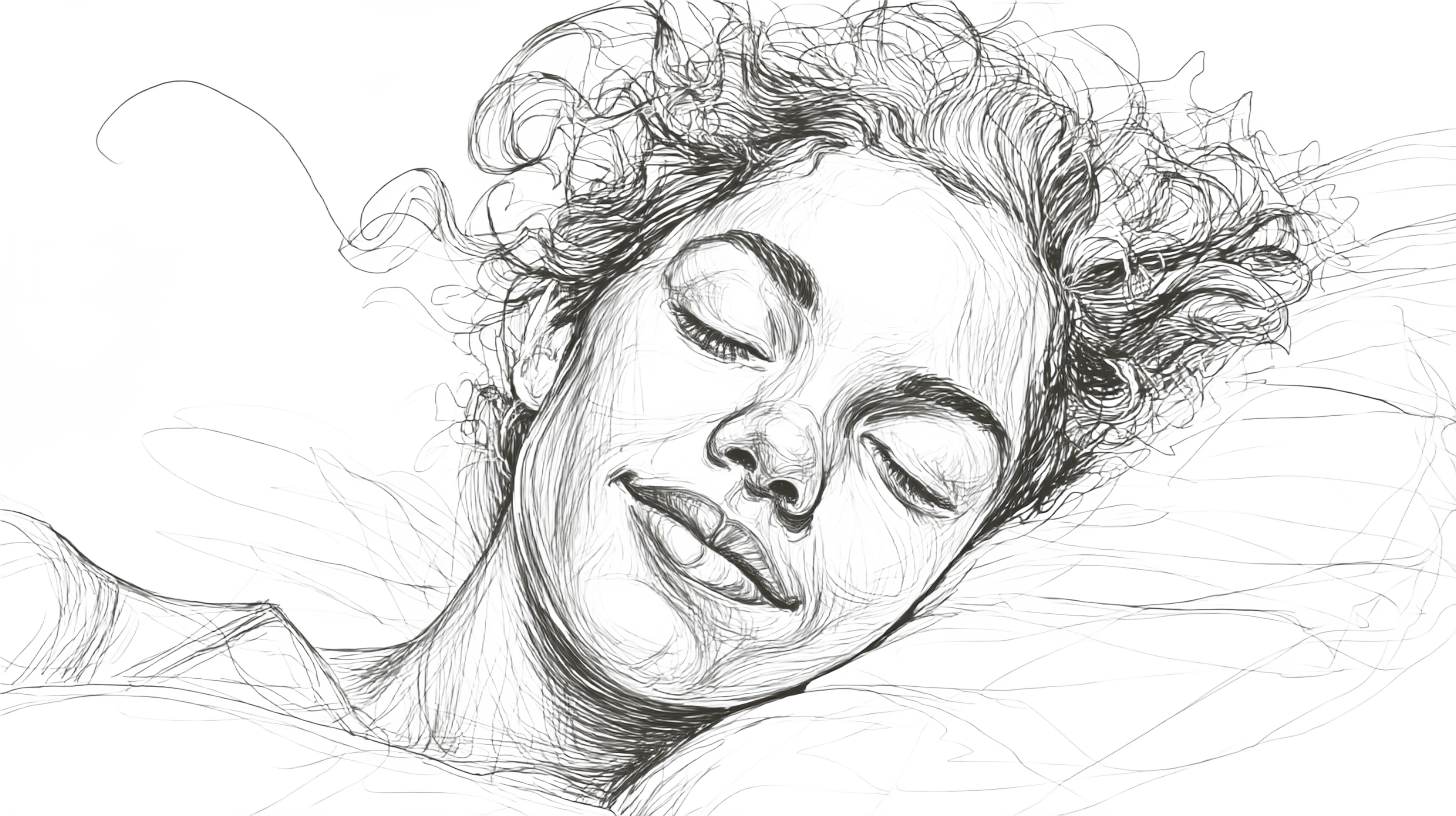 Illustrated face of a person with closed eyes, surrounded by flowing lines resembling hair on a black background. The mood is tranquil.