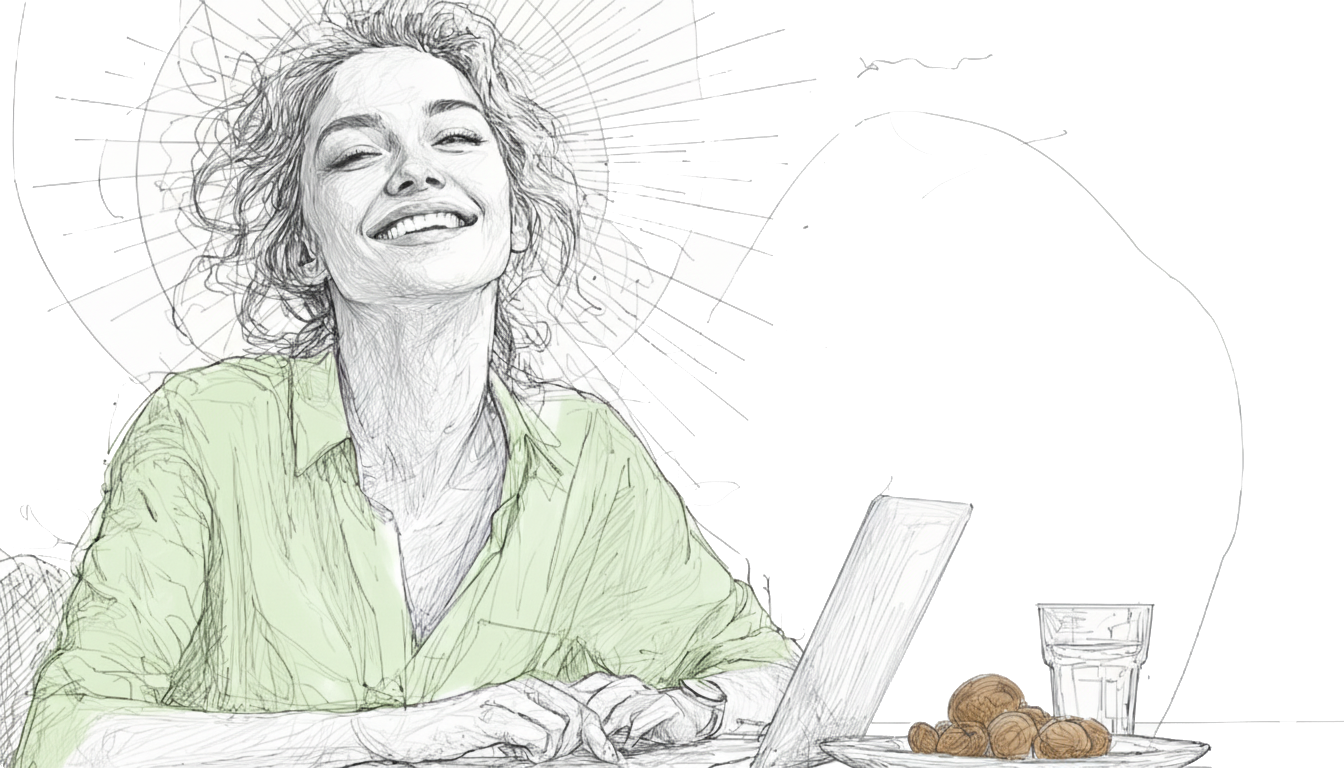 Smiling person in a green shirt sits at a desk with a laptop, walnuts, and a glass. Light lines radiate from behind, creating a bright mood.