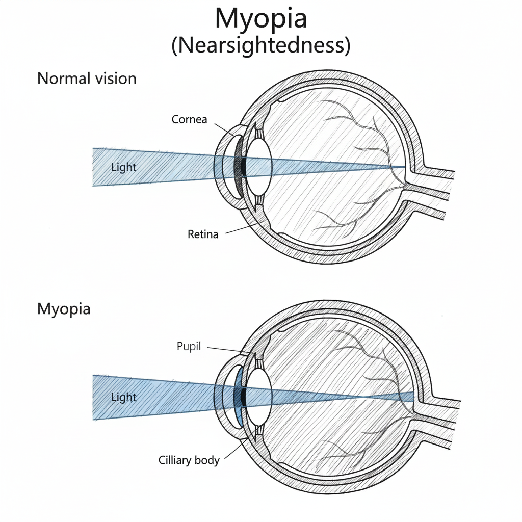 Cross-sectional diagrams of eyes showing normal vision and myopia. Labels: cornea, retina, pupil, ciliary body. Light paths differ.