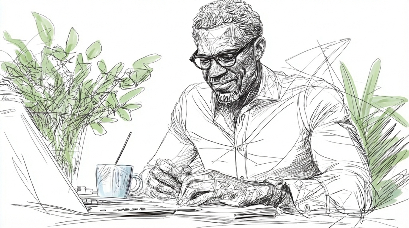A man is working at a desk. There is a laptop, a mug and green plants on the table.