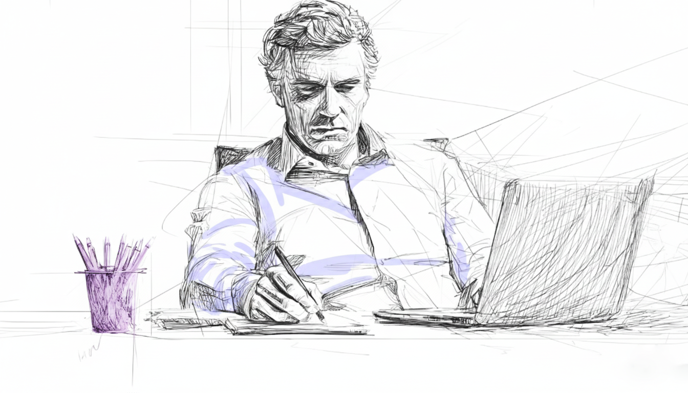A man working at the desk. He is focused. A laptop and a purple pencil holder are on the desk.