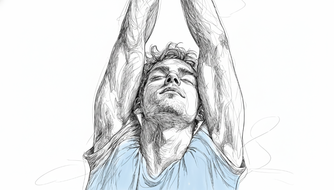 A person in a blue shirt stretching arms overhead, eyes closed.