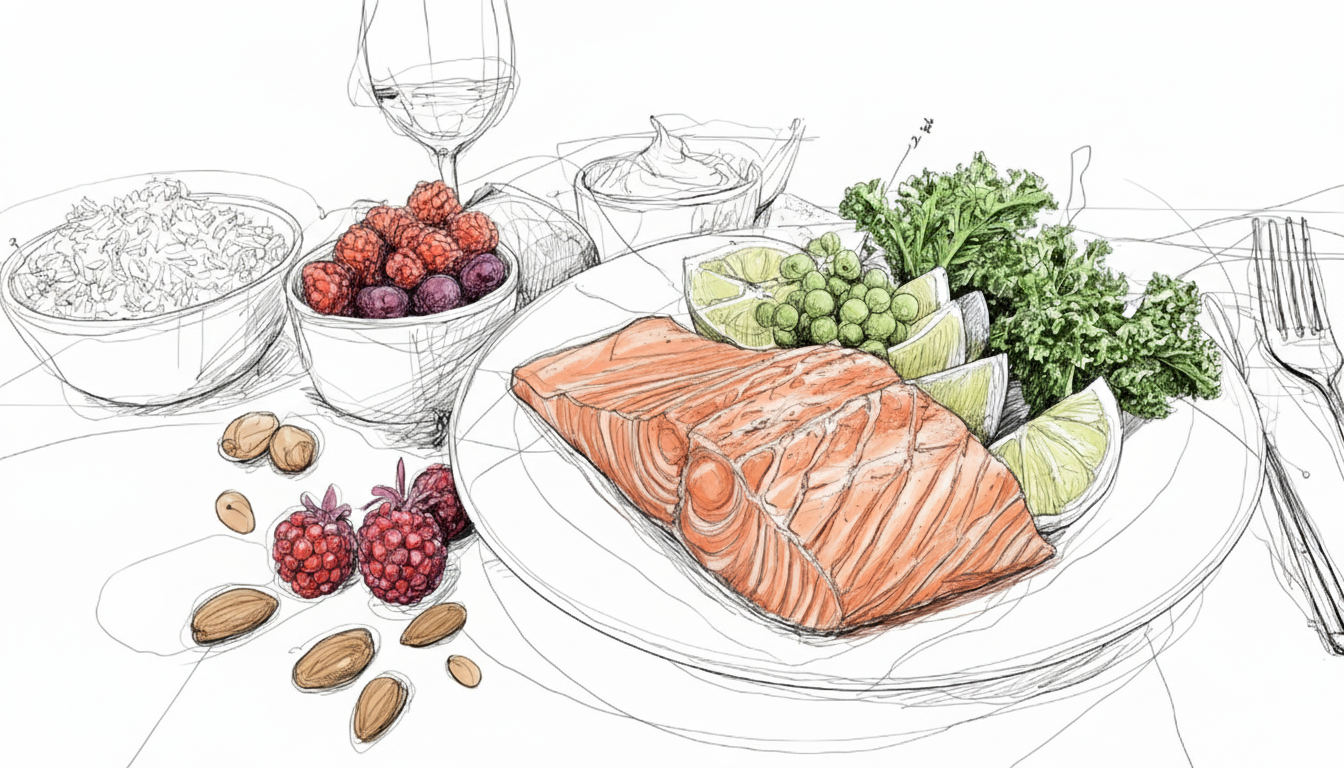 Plate with grilled salmon, lime, kale, almonds, and berries. Bowls of rice, berries, and a wine glass in the background. Sketch style.