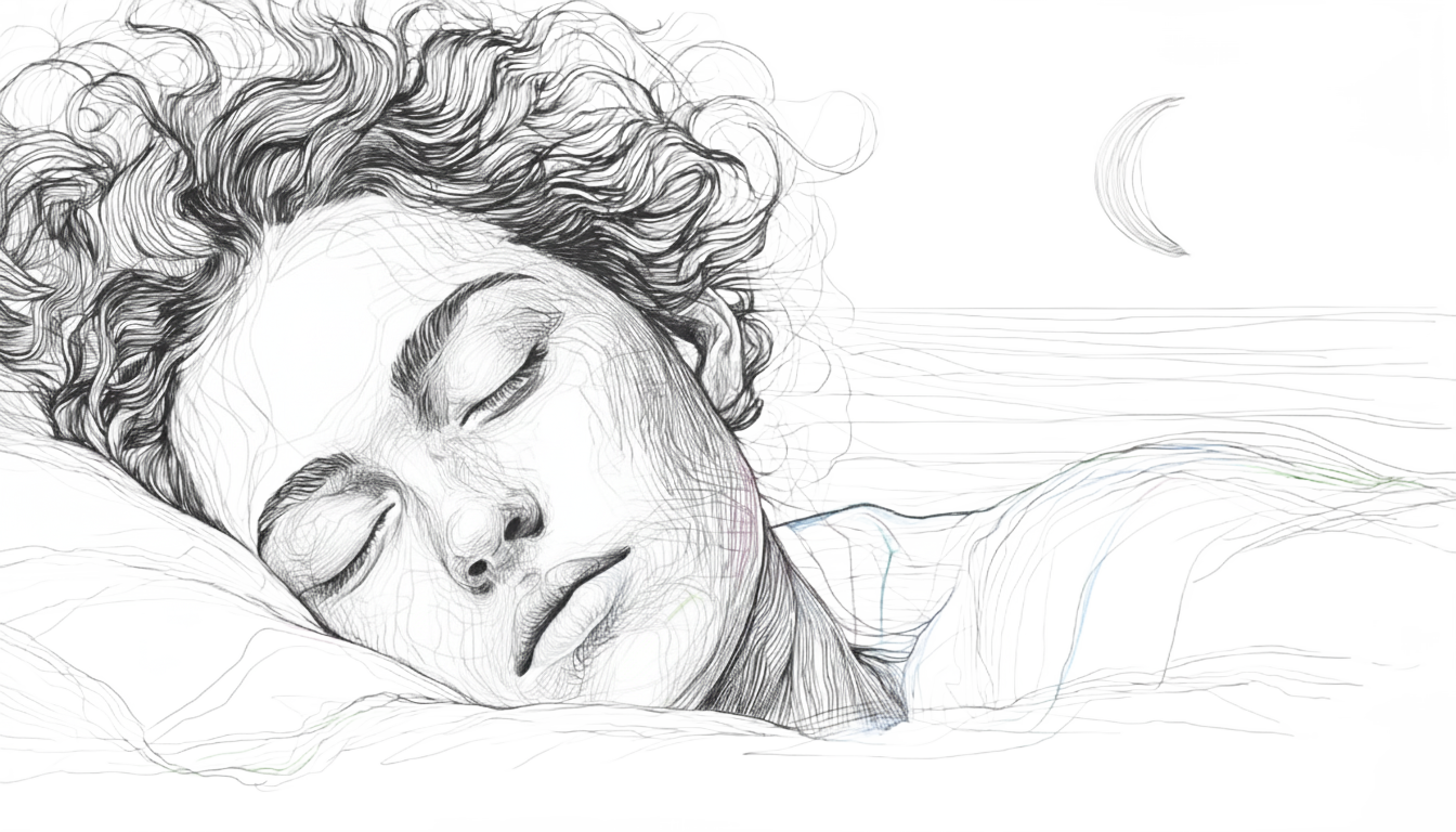 A person with curly hair sleeping peacefully.