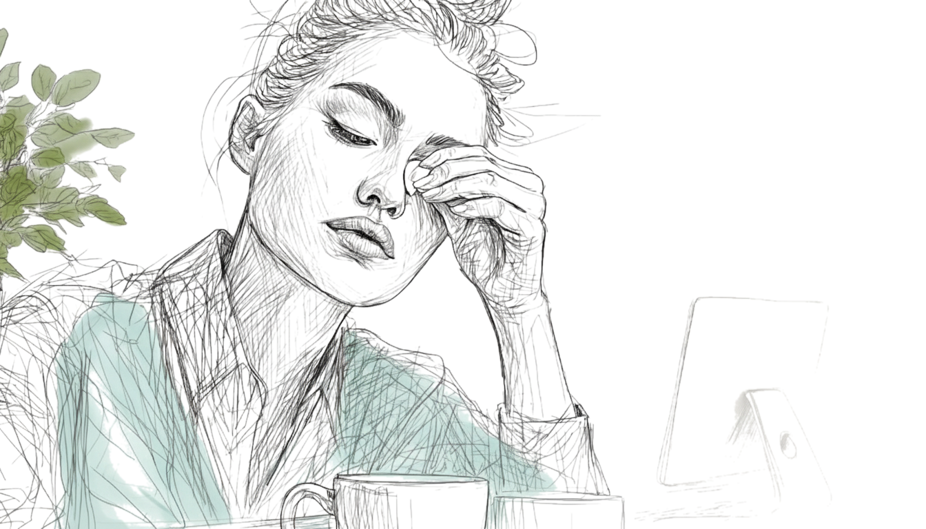 A sketched figure rests their head on a hand near a tablet, appearing tired. Green leaves in the background add a natural touch.