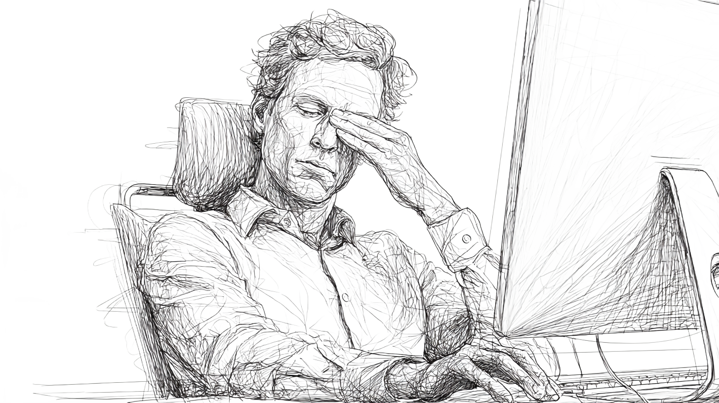 A person with tired eyes working on laptop