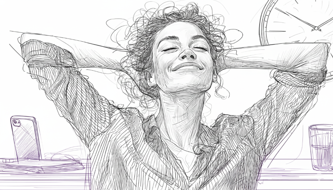 Woman stretching with closed eyes and content smile at desk, pencil sketch style. A phone, glass, and clock are in the background.